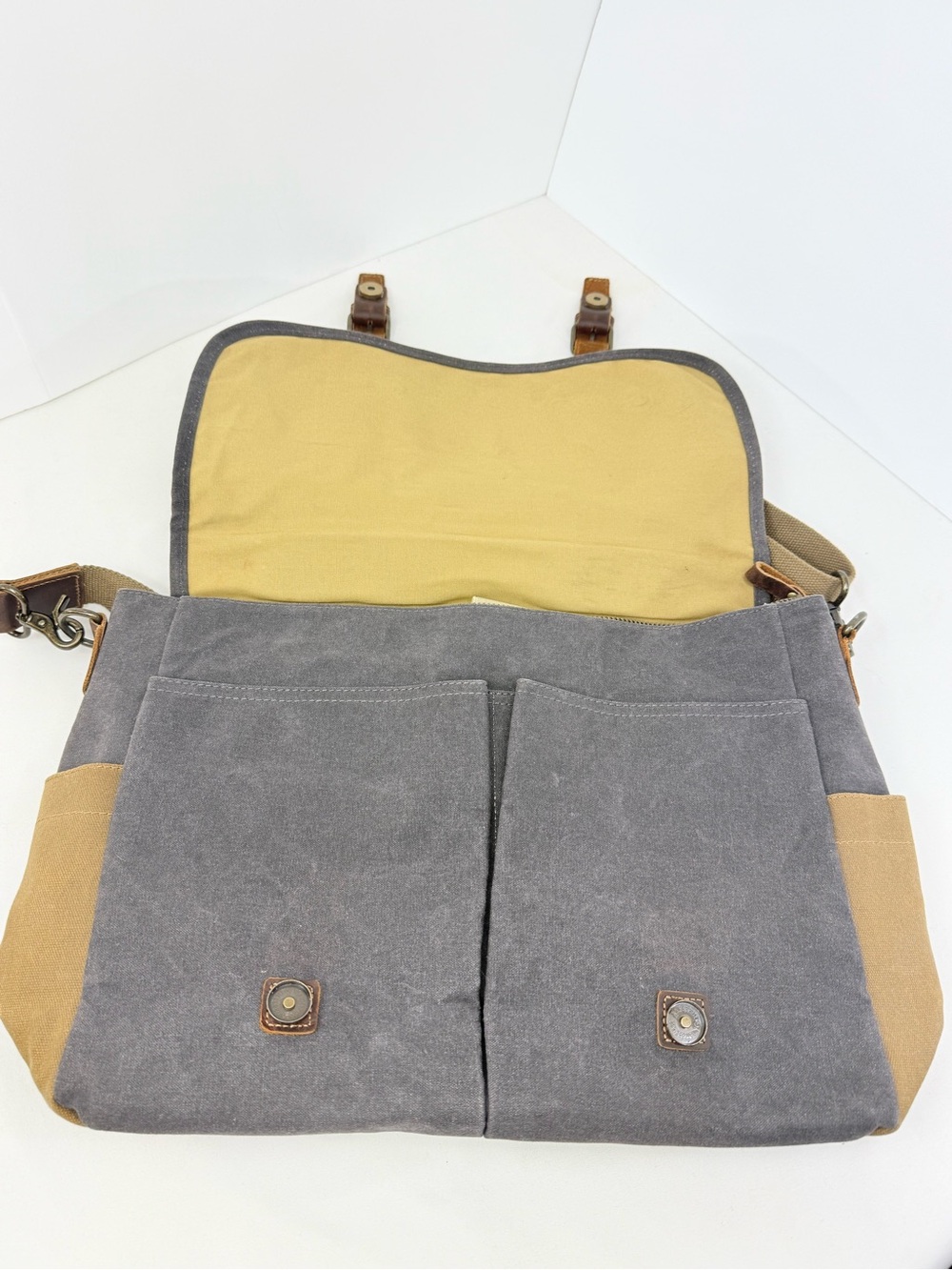 Newhey Gray Brown Thick Waxed Canvas Laptop Commuter Academic Satchel Bag - Picture 13 of 16